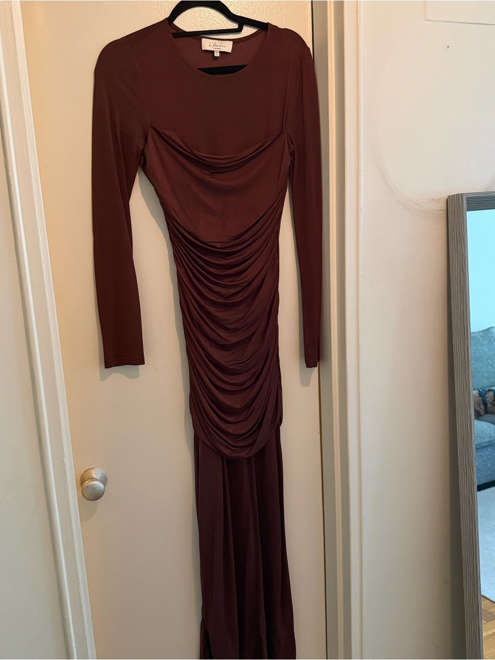L'Academie Burgundy Ruched Long Sleeve Maxi Dress